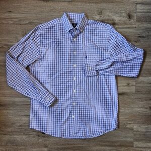 Johnnie O Button Shirt Mens Medium Blue Plaid 100% Cotton Surfer Beach Comfort